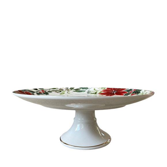 Grace Teaware Christmas Poinsettia Porcelain Cake Stand Holiday Holly New - Picture 3 of 12